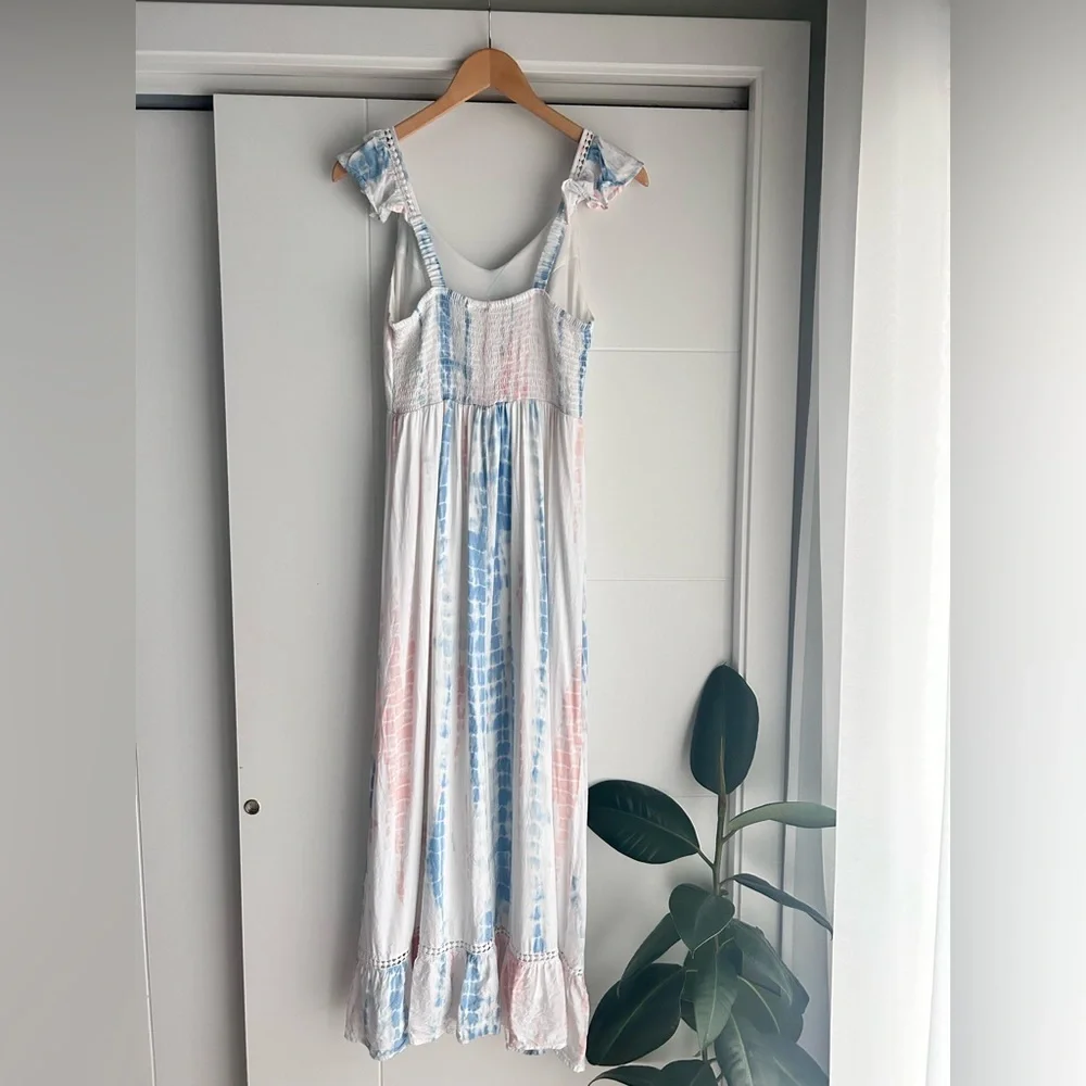 Japna White Maxi Dress with Pink and Blue Tie-Dye Accents - Picture 3 of 4